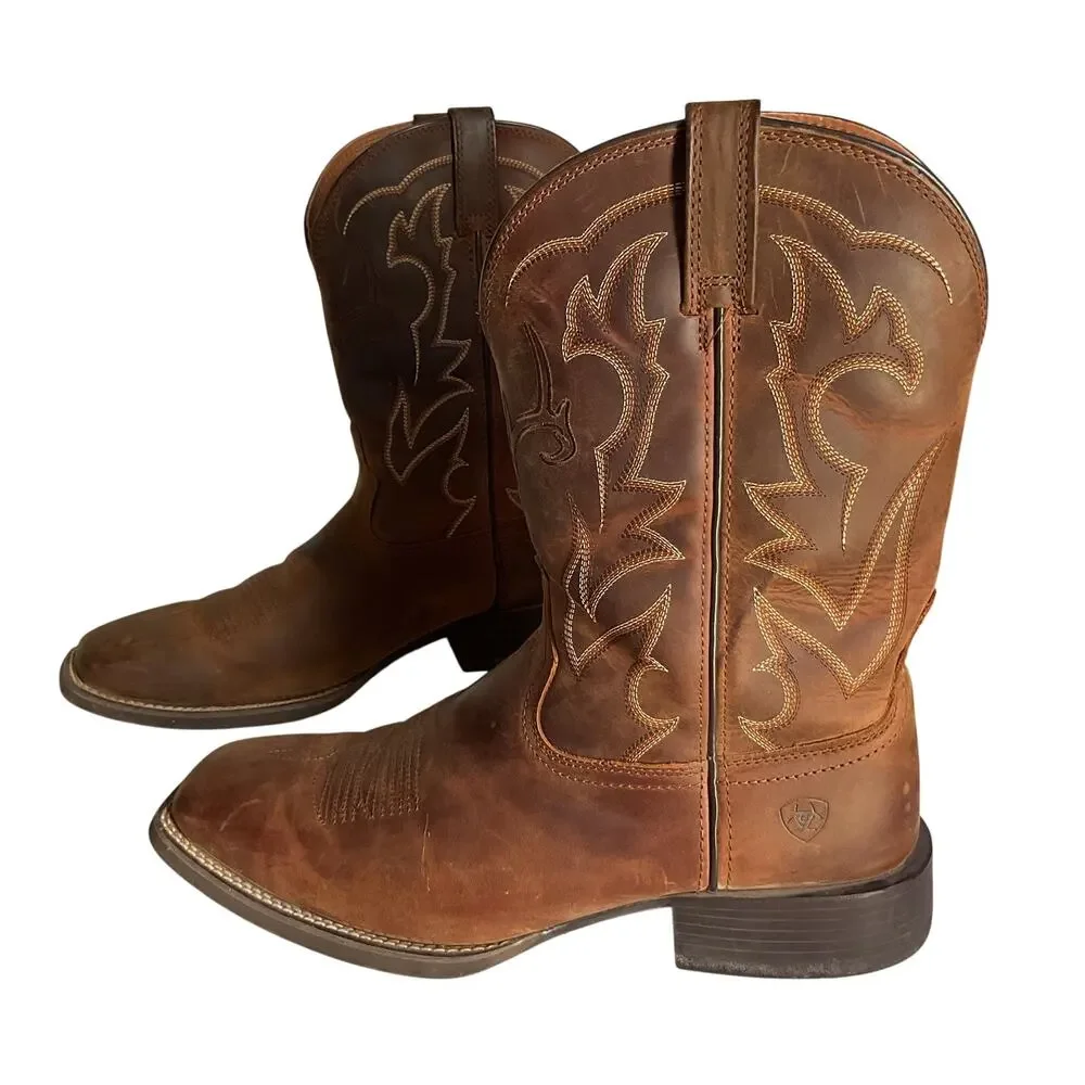 Ariat Men’s Western Cowboy Boots Brown Leather Deer Skull Square Toe Size 13D